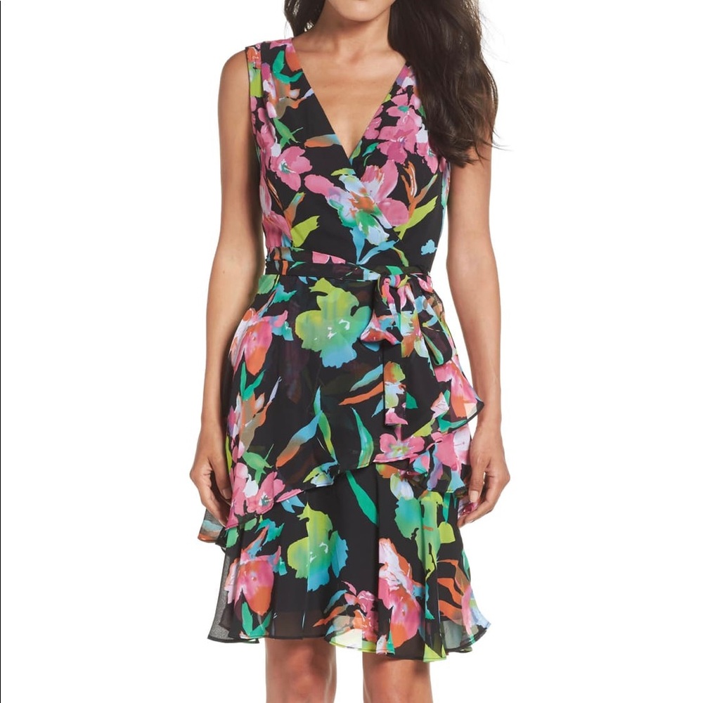 Tahari Faux Wrapped Chifon Dress